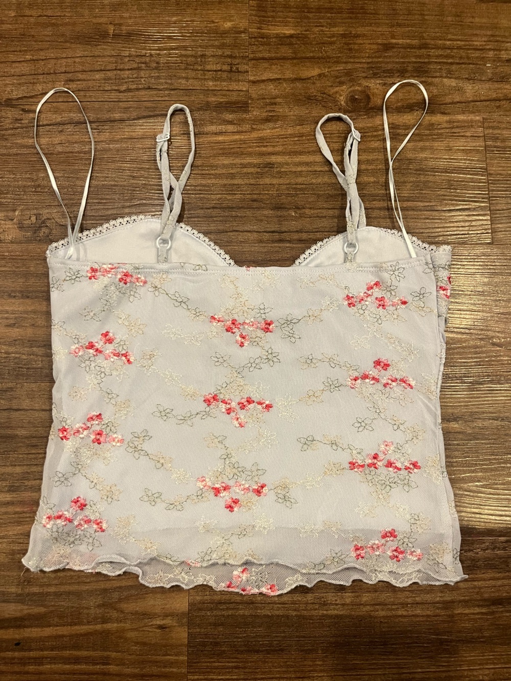 Woman’s Floral Lace Trim Light Blue Tank Top with Spaghetti Straps size M - Picture 3 of 4